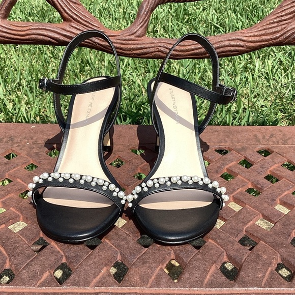 NWT Stuart Weitzman Dancer Black Calfskin Leather Pearl Accents & Ankle Strap - Picture 5 of 8